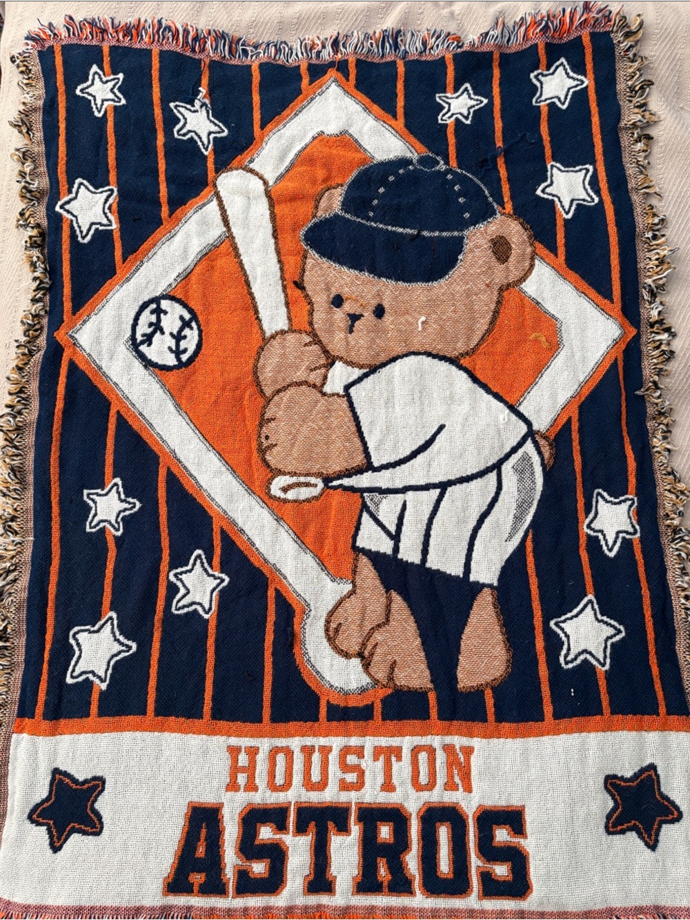 Houston Astros Woven Teddy Bear Throw Blanket MLB Baseball Tapestry Fringe